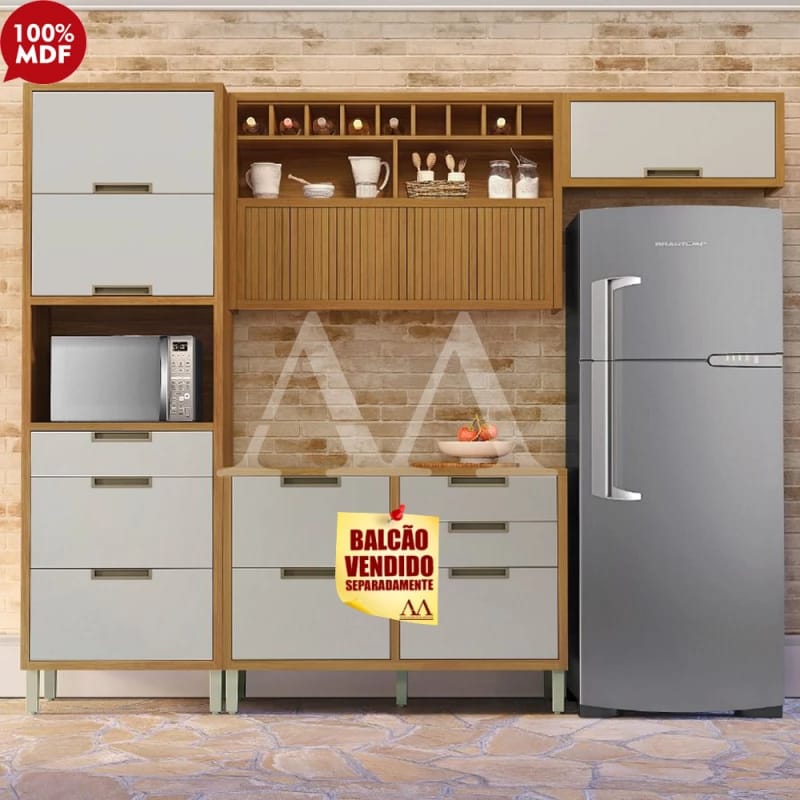 Cozinha Completa Ripada Natural com Cinza