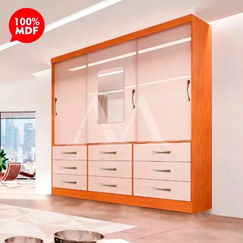 Guarda-roupa Laranja e Branco com Gavetas