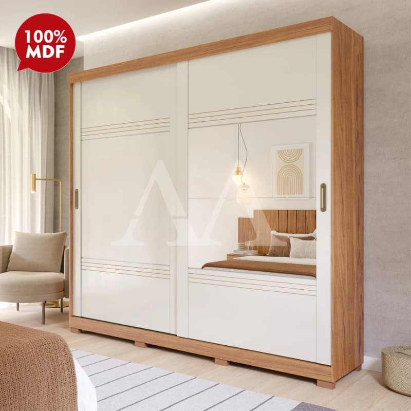 Guarda-roupa 2 Portas de Correr Branco com Linhas