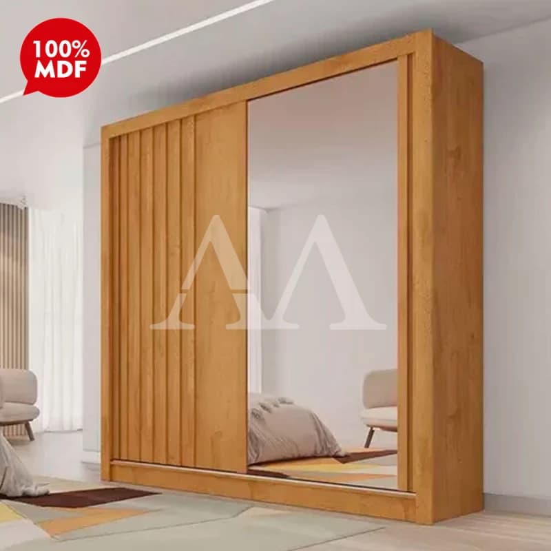 Guarda-roupa 2 Portas Natural Ripado com Espelho