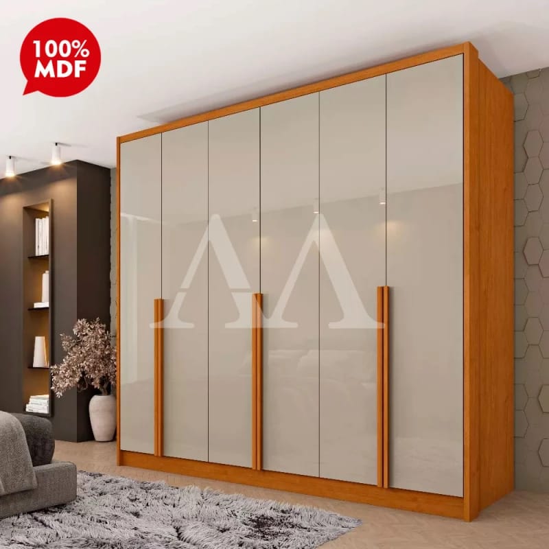 Guarda-roupa 6 Portas Off-White com Moldura Natural
