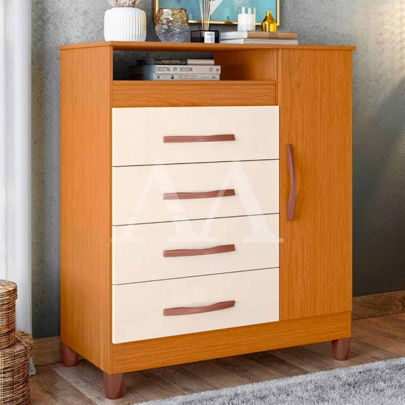 Cômoda com Moldura Natural e Gavetas Brancas