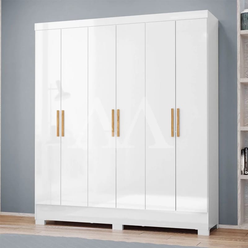 Guarda-roupa 6 Portas Branco com Puxadores Dourados Verticais