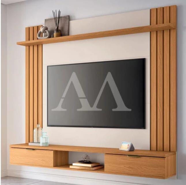 Painel de TV Suspenso Ripado com Prateleira